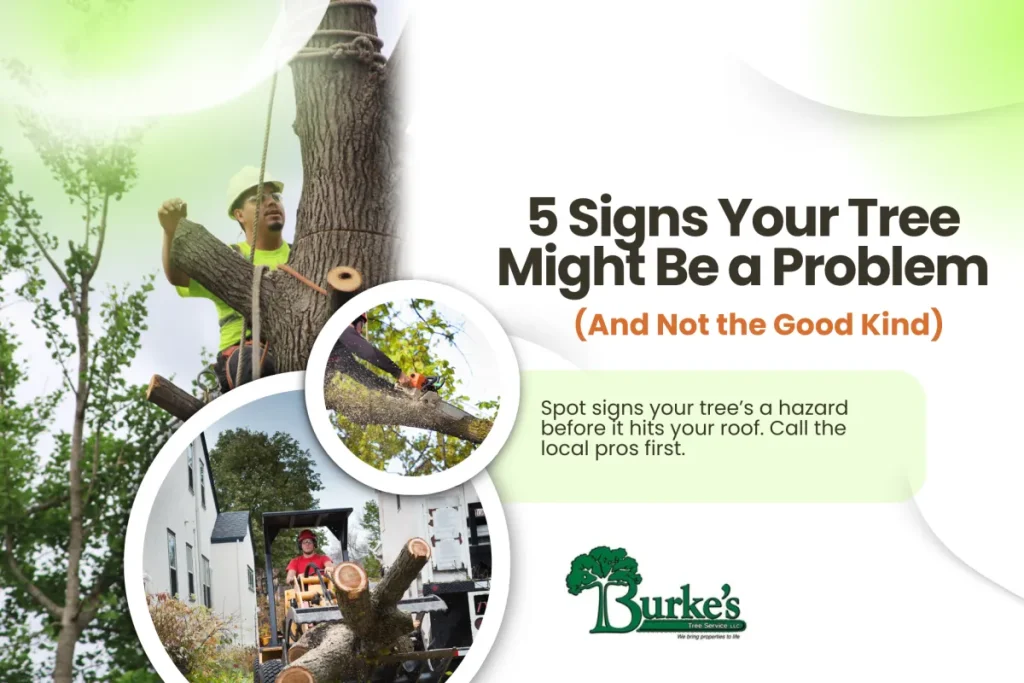Workers providing tree services, with the text "5 Signs Your Tree Might Be a Problem (And Not the Good Kind)."